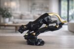 Minimalist Faceted Black Panther on Rock – Large Wild Animal Resin Tabletop Decor with Gold Accents