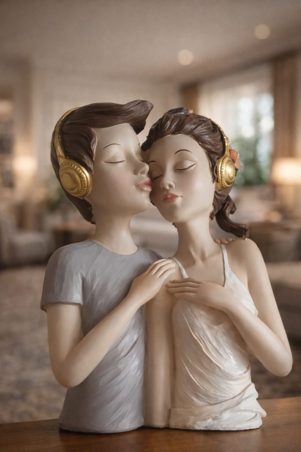 Romantic Music Lover Couple Figurine with Golden Headphones - White & Grey Resin Desktop Ornament