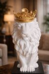 Modern Royal King Lion Statue with Golden Crown – White Resin Lion Figurine for Home & Office Decor