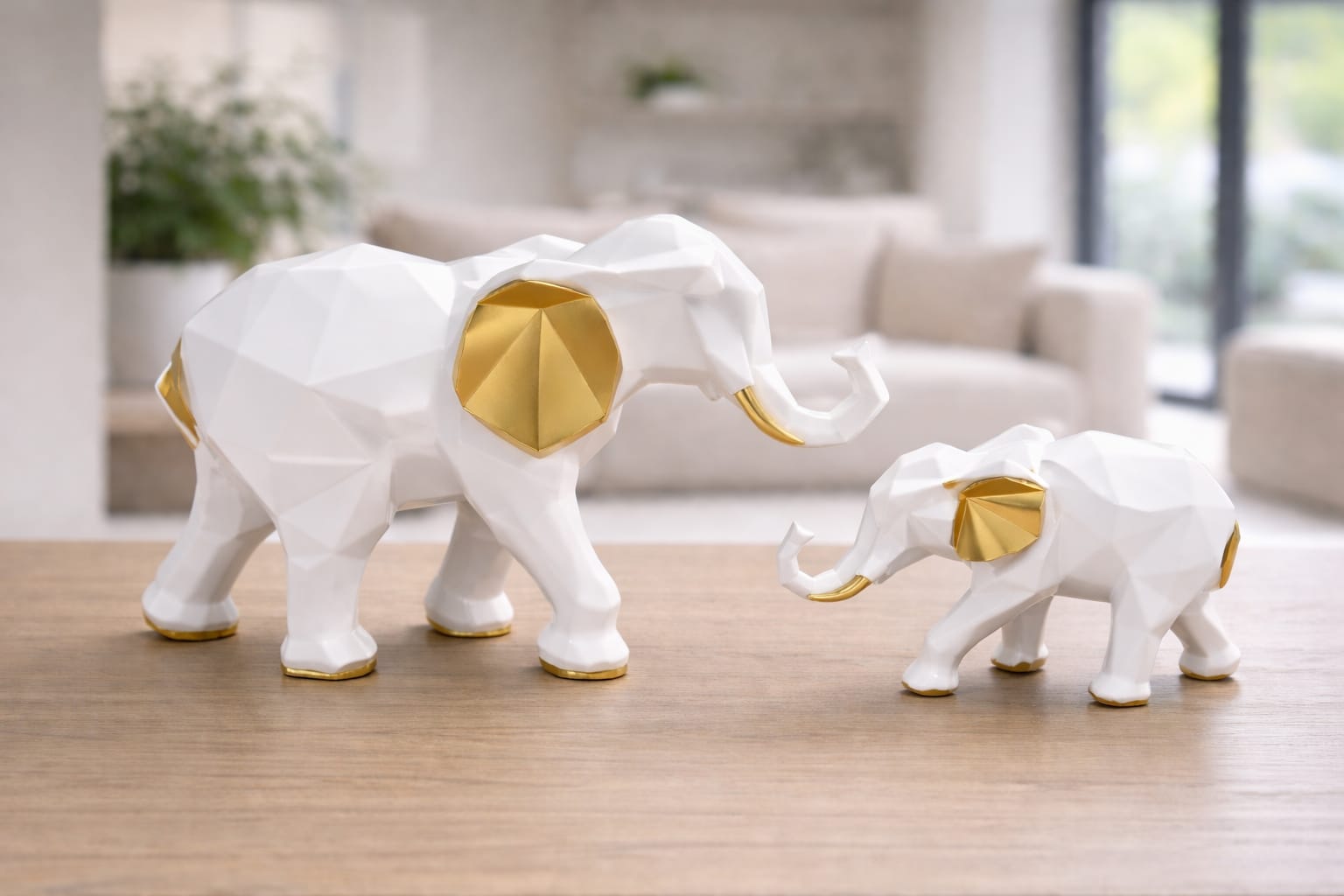 Geometric White & Gold Elephant Figurine Set - Pack of 2 Ceramic Elephant