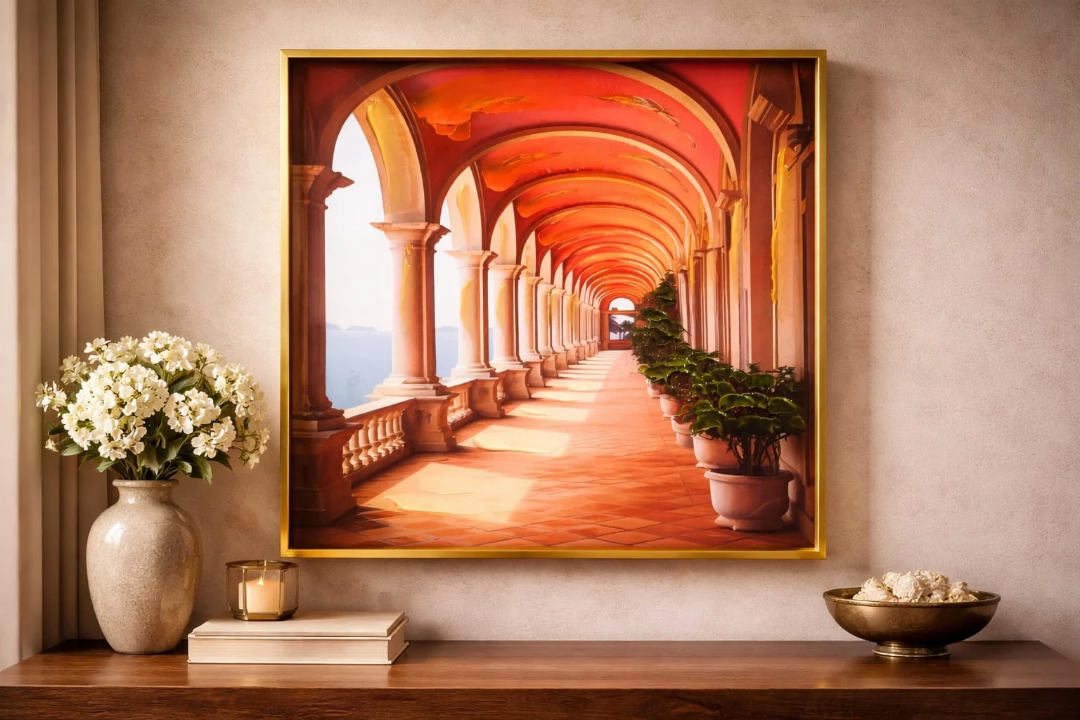 Italian Arched Corridor Canvas Painting – Sunset Architecture Framed Canvas Wall Art 1 wall canvas panting 9