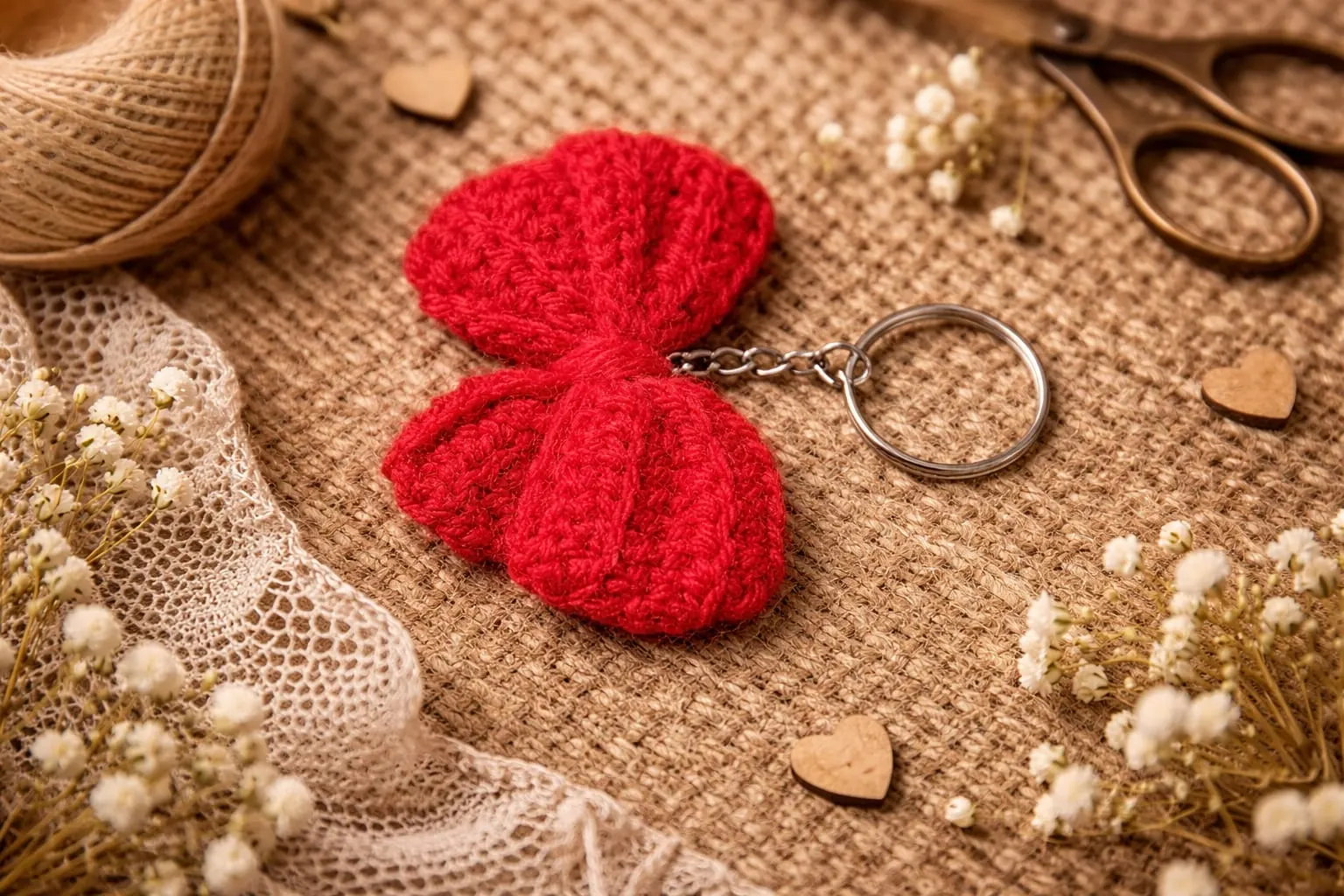 Handmade Crochet Red Bow & Butterfly Keychain – Crochet Red Ribbon Key Chain Gift