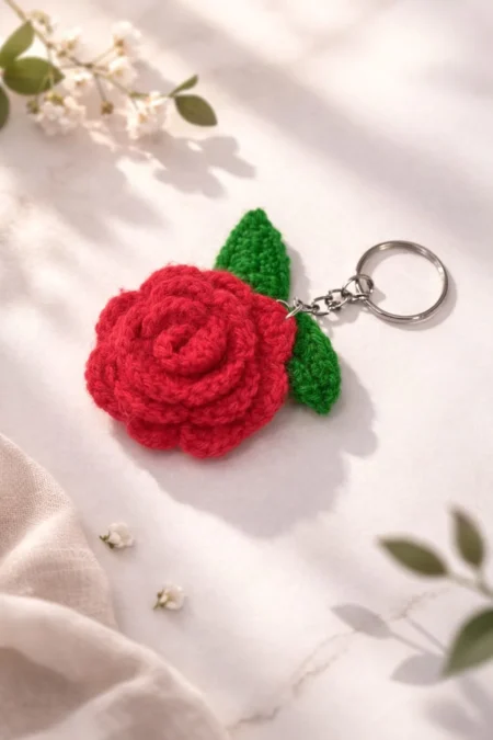 Handmade Crochet Rose Keychain – Cute Floral Key Chain Gift (Pack of 1)